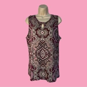 Ann Taylor Sleevless Damask-like Pattern in Pinks and Taupe, Peek-a-Boo Neck L